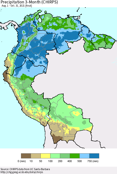 Northern South America Precipitation 3-Month (CHIRPS) Thematic Map For 8/1/2021 - 10/31/2021