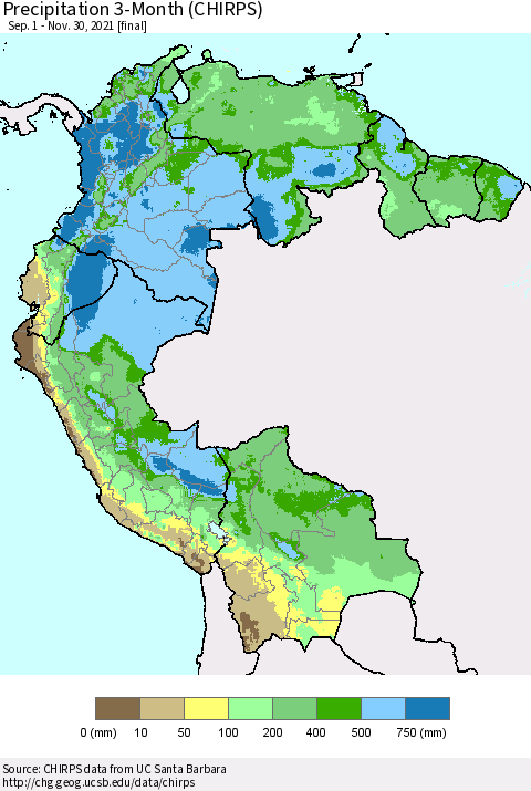 Northern South America Precipitation 3-Month (CHIRPS) Thematic Map For 9/1/2021 - 11/30/2021