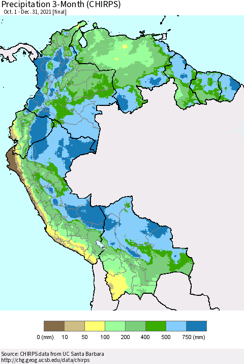 Northern South America Precipitation 3-Month (CHIRPS) Thematic Map For 10/1/2021 - 12/31/2021