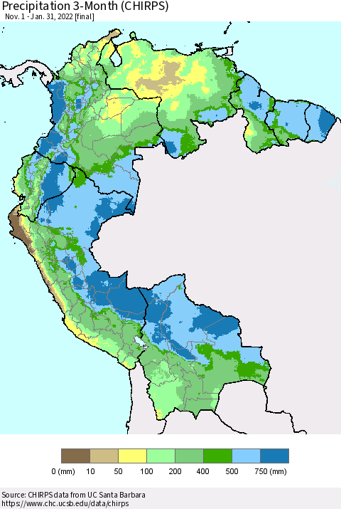 Northern South America Precipitation 3-Month (CHIRPS) Thematic Map For 11/1/2021 - 1/31/2022