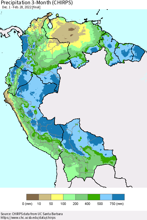 Northern South America Precipitation 3-Month (CHIRPS) Thematic Map For 12/1/2021 - 2/28/2022