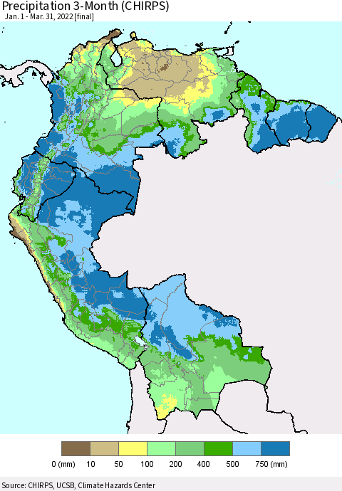 Northern South America Precipitation 3-Month (CHIRPS) Thematic Map For 1/1/2022 - 3/31/2022