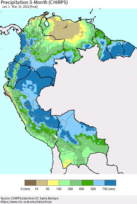 Northern South America Precipitation 3-Month (CHIRPS) Thematic Map For 1/1/2022 - 3/31/2022