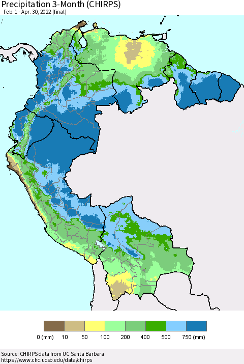 Northern South America Precipitation 3-Month (CHIRPS) Thematic Map For 2/1/2022 - 4/30/2022