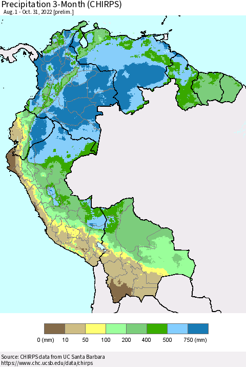 Northern South America Precipitation 3-Month (CHIRPS) Thematic Map For 8/1/2022 - 10/31/2022