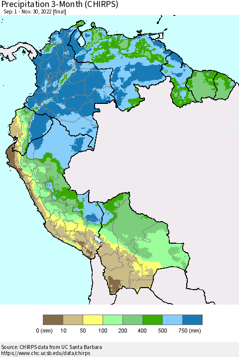 Northern South America Precipitation 3-Month (CHIRPS) Thematic Map For 9/1/2022 - 11/30/2022