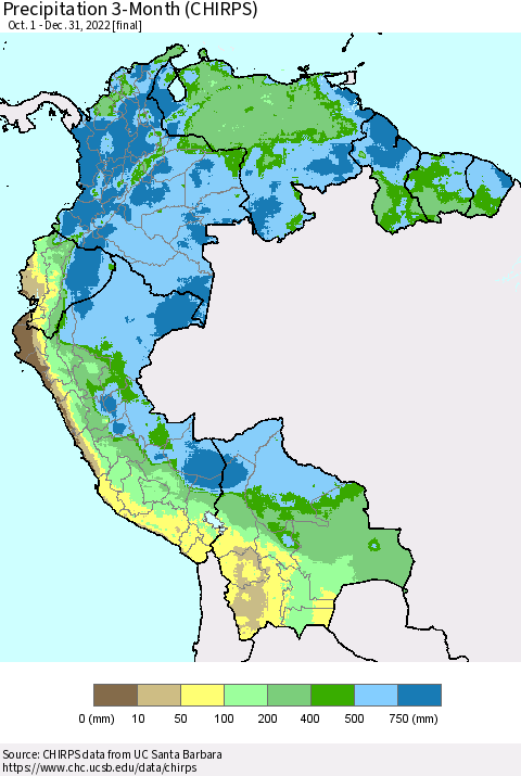 Northern South America Precipitation 3-Month (CHIRPS) Thematic Map For 10/1/2022 - 12/31/2022
