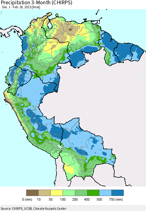 Northern South America Precipitation 3-Month (CHIRPS) Thematic Map For 12/1/2022 - 2/28/2023