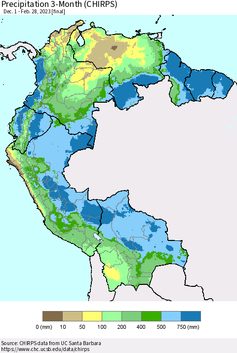 Northern South America Precipitation 3-Month (CHIRPS) Thematic Map For 12/1/2022 - 2/28/2023