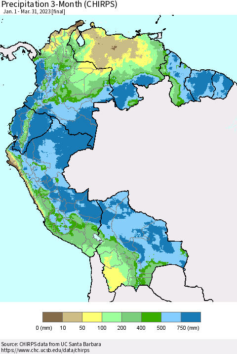 Northern South America Precipitation 3-Month (CHIRPS) Thematic Map For 1/1/2023 - 3/31/2023