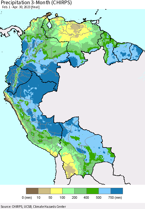 Northern South America Precipitation 3-Month (CHIRPS) Thematic Map For 2/1/2023 - 4/30/2023