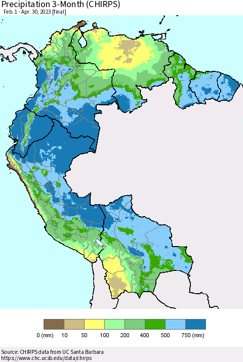 Northern South America Precipitation 3-Month (CHIRPS) Thematic Map For 2/1/2023 - 4/30/2023