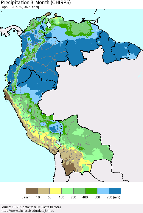 Northern South America Precipitation 3-Month (CHIRPS) Thematic Map For 4/1/2023 - 6/30/2023