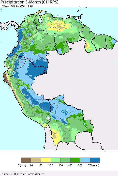 Northern South America Precipitation 3-Month (CHIRPS) Thematic Map For 11/1/2023 - 1/31/2024