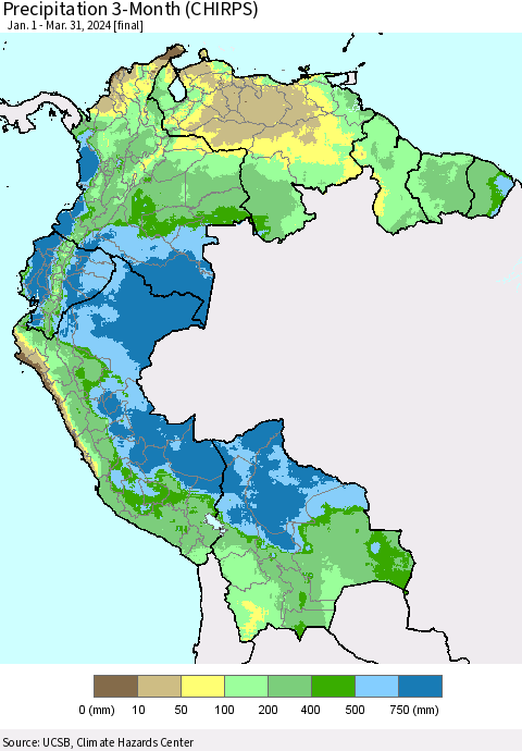 Northern South America Precipitation 3-Month (CHIRPS) Thematic Map For 1/1/2024 - 3/31/2024