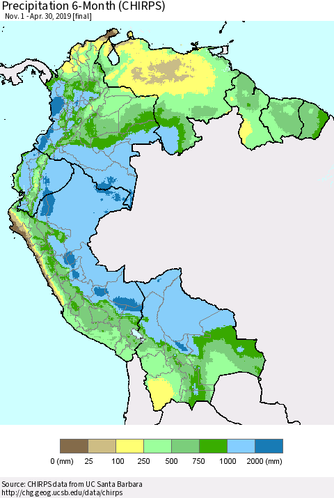 Northern South America Precipitation 6-Month (CHIRPS) Thematic Map For 11/1/2018 - 4/30/2019