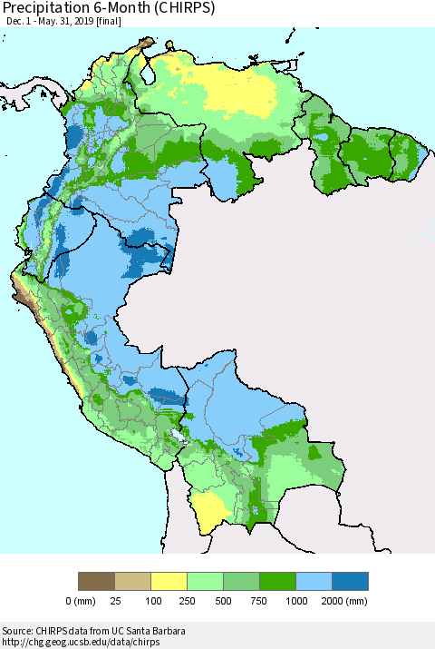 Northern South America Precipitation 6-Month (CHIRPS) Thematic Map For 12/1/2018 - 5/31/2019