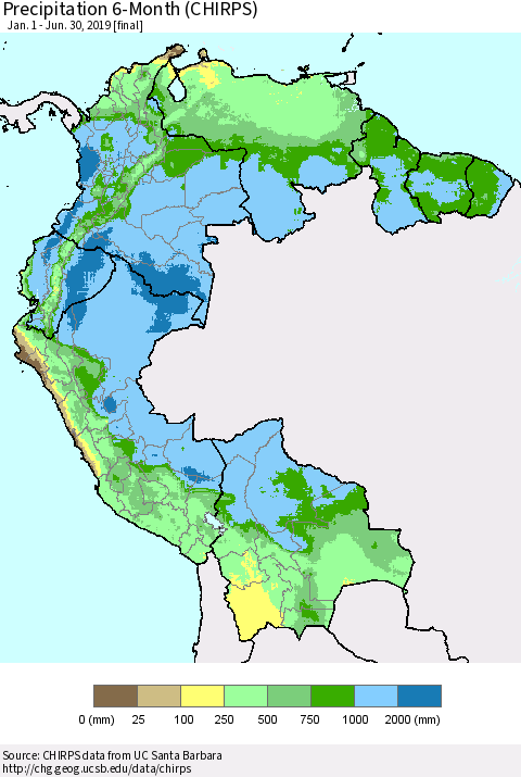 Northern South America Precipitation 6-Month (CHIRPS) Thematic Map For 1/1/2019 - 6/30/2019