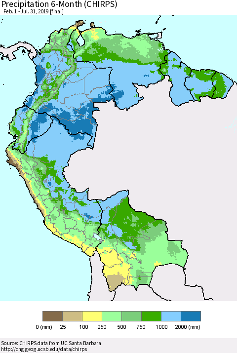 Northern South America Precipitation 6-Month (CHIRPS) Thematic Map For 2/1/2019 - 7/31/2019