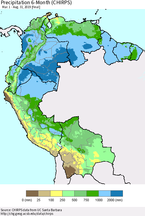 Northern South America Precipitation 6-Month (CHIRPS) Thematic Map For 3/1/2019 - 8/31/2019