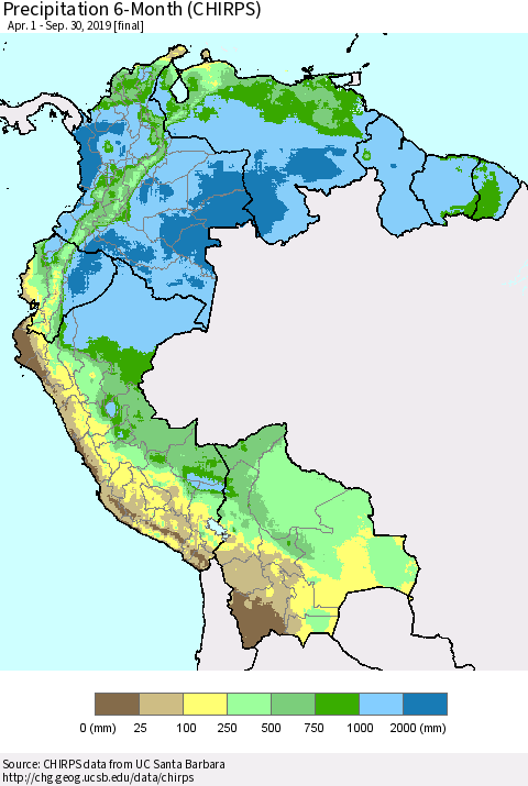 Northern South America Precipitation 6-Month (CHIRPS) Thematic Map For 4/1/2019 - 9/30/2019