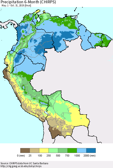 Northern South America Precipitation 6-Month (CHIRPS) Thematic Map For 5/1/2019 - 10/31/2019
