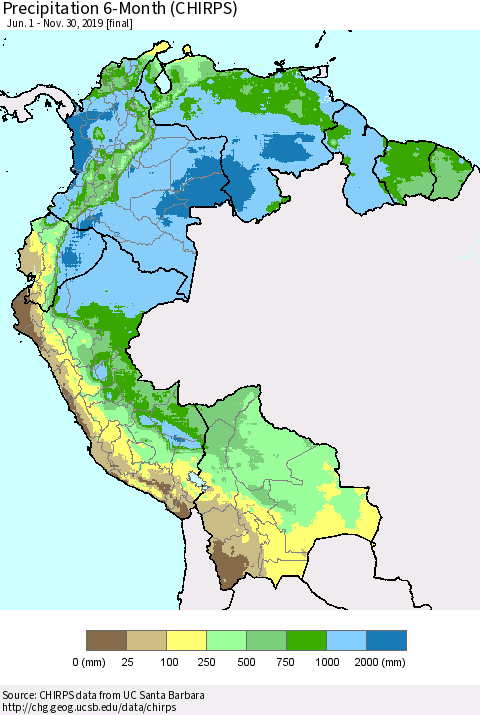 Northern South America Precipitation 6-Month (CHIRPS) Thematic Map For 6/1/2019 - 11/30/2019