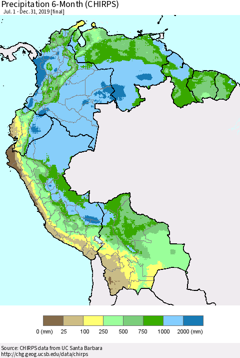 Northern South America Precipitation 6-Month (CHIRPS) Thematic Map For 7/1/2019 - 12/31/2019