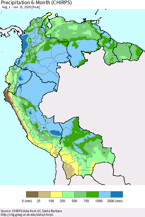 Northern South America Precipitation 6-Month (CHIRPS) Thematic Map For 8/1/2019 - 1/31/2020