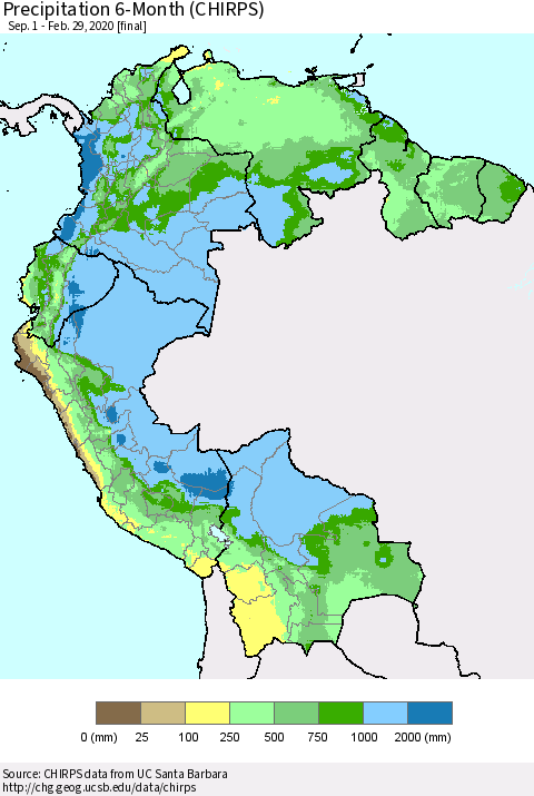 Northern South America Precipitation 6-Month (CHIRPS) Thematic Map For 9/1/2019 - 2/29/2020