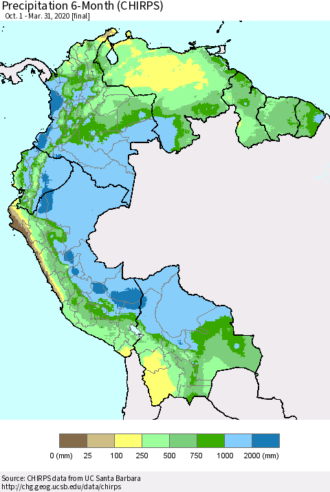 Northern South America Precipitation 6-Month (CHIRPS) Thematic Map For 10/1/2019 - 3/31/2020