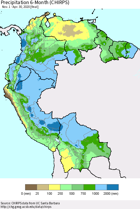Northern South America Precipitation 6-Month (CHIRPS) Thematic Map For 11/1/2019 - 4/30/2020
