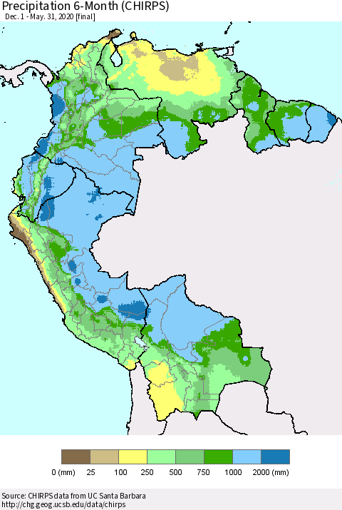 Northern South America Precipitation 6-Month (CHIRPS) Thematic Map For 12/1/2019 - 5/31/2020