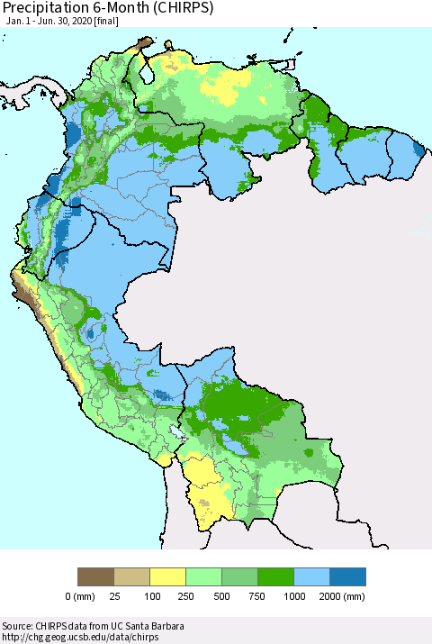 Northern South America Precipitation 6-Month (CHIRPS) Thematic Map For 1/1/2020 - 6/30/2020
