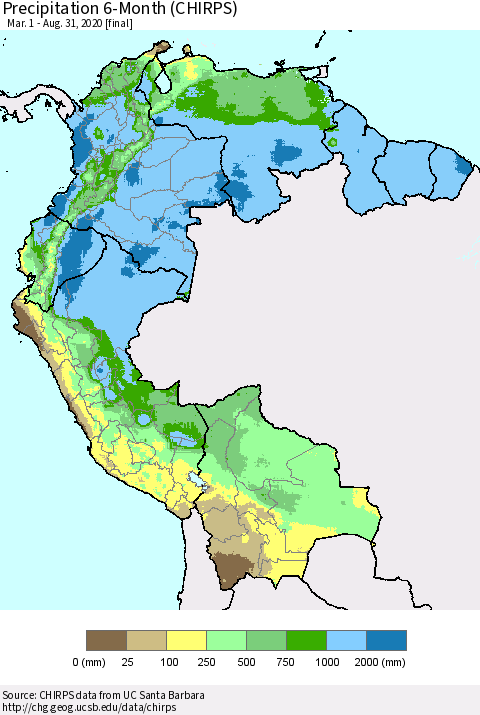 Northern South America Precipitation 6-Month (CHIRPS) Thematic Map For 3/1/2020 - 8/31/2020