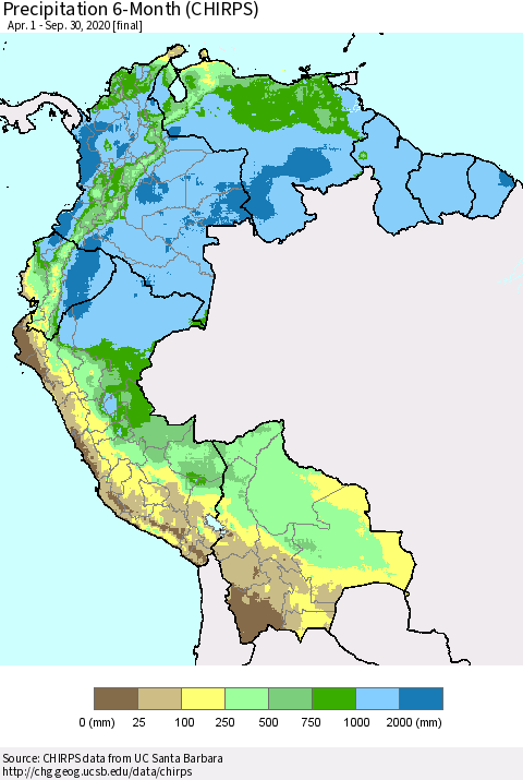 Northern South America Precipitation 6-Month (CHIRPS) Thematic Map For 4/1/2020 - 9/30/2020