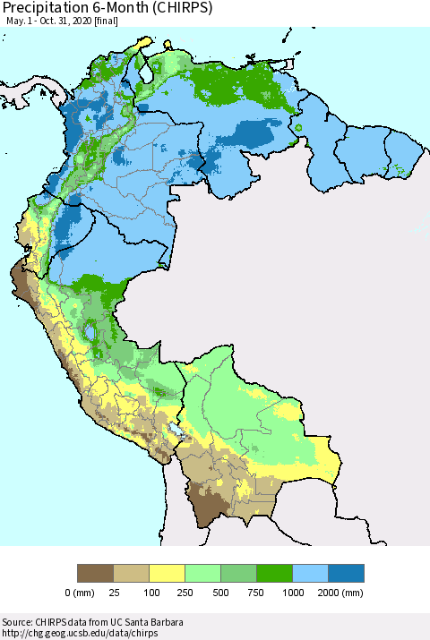 Northern South America Precipitation 6-Month (CHIRPS) Thematic Map For 5/1/2020 - 10/31/2020