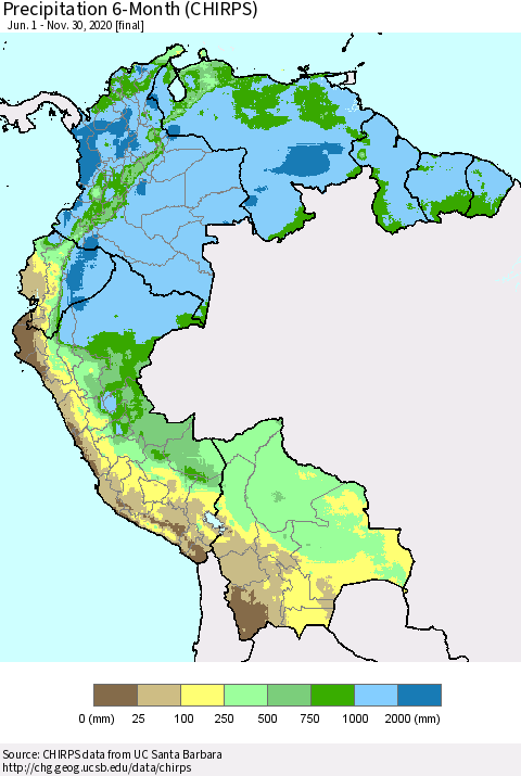 Northern South America Precipitation 6-Month (CHIRPS) Thematic Map For 6/1/2020 - 11/30/2020