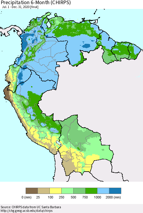 Northern South America Precipitation 6-Month (CHIRPS) Thematic Map For 7/1/2020 - 12/31/2020