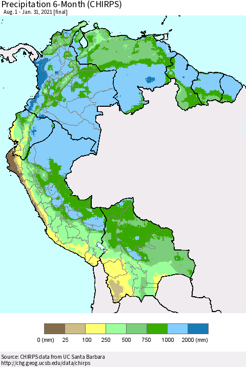 Northern South America Precipitation 6-Month (CHIRPS) Thematic Map For 8/1/2020 - 1/31/2021