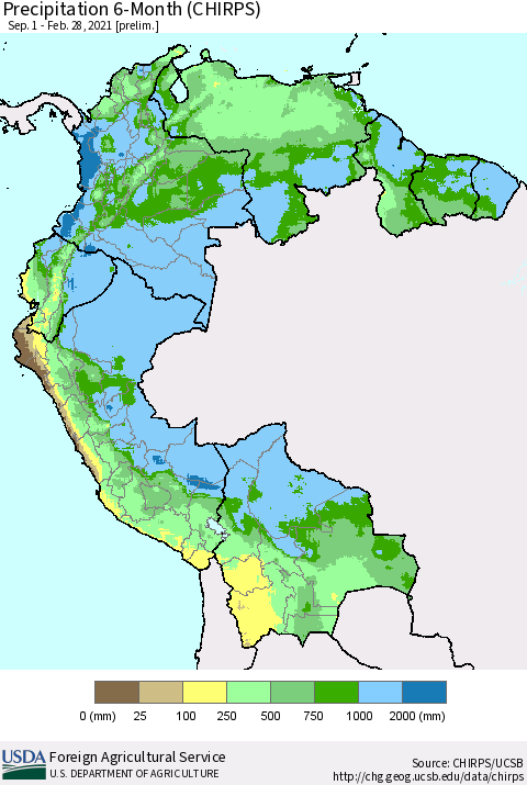 Northern South America Precipitation 6-Month (CHIRPS) Thematic Map For 9/1/2020 - 2/28/2021