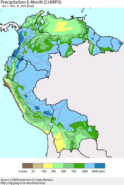 Northern South America Precipitation 6-Month (CHIRPS) Thematic Map For 10/1/2020 - 3/31/2021