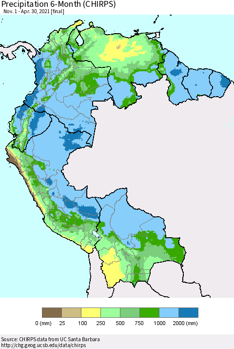 Northern South America Precipitation 6-Month (CHIRPS) Thematic Map For 11/1/2020 - 4/30/2021