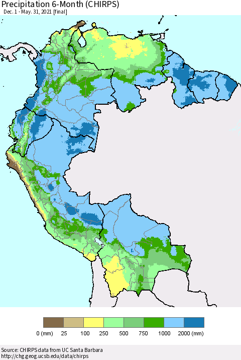 Northern South America Precipitation 6-Month (CHIRPS) Thematic Map For 12/1/2020 - 5/31/2021