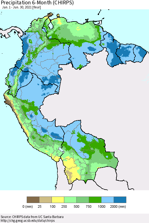 Northern South America Precipitation 6-Month (CHIRPS) Thematic Map For 1/1/2021 - 6/30/2021