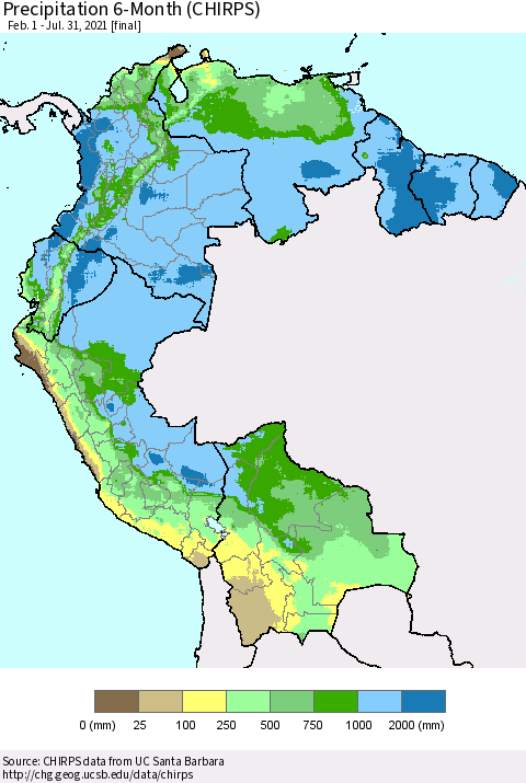 Northern South America Precipitation 6-Month (CHIRPS) Thematic Map For 2/1/2021 - 7/31/2021
