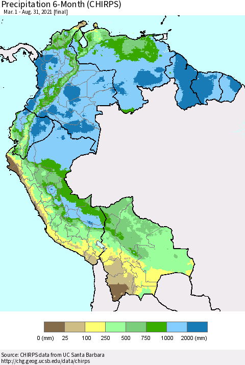 Northern South America Precipitation 6-Month (CHIRPS) Thematic Map For 3/1/2021 - 8/31/2021
