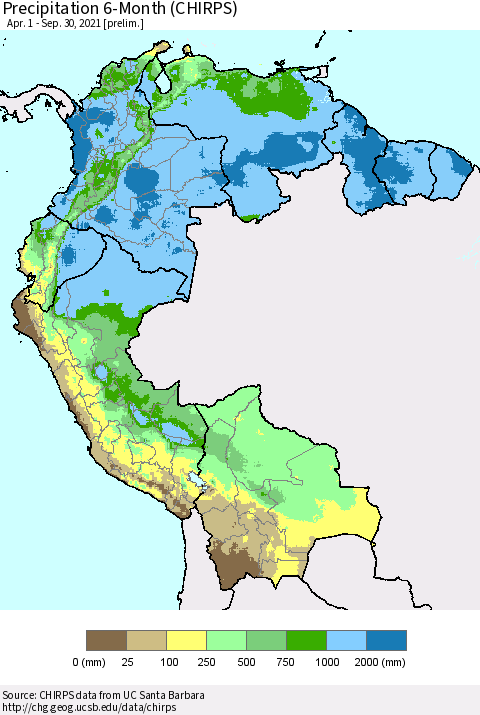 Northern South America Precipitation 6-Month (CHIRPS) Thematic Map For 4/1/2021 - 9/30/2021