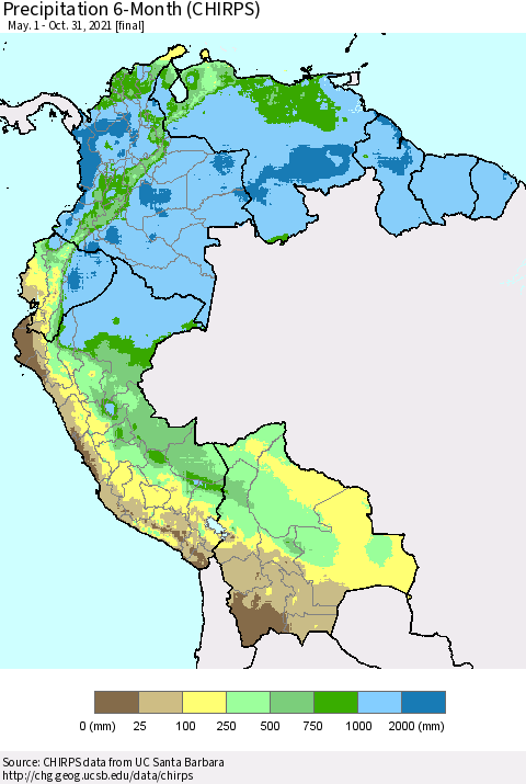 Northern South America Precipitation 6-Month (CHIRPS) Thematic Map For 5/1/2021 - 10/31/2021