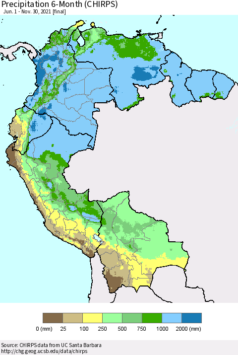 Northern South America Precipitation 6-Month (CHIRPS) Thematic Map For 6/1/2021 - 11/30/2021